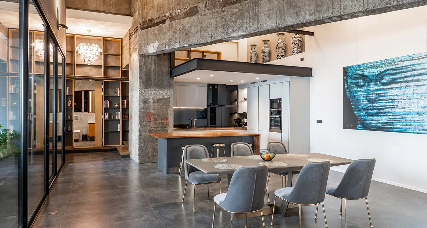 Open living and dining space at Chocolate Factory Loft