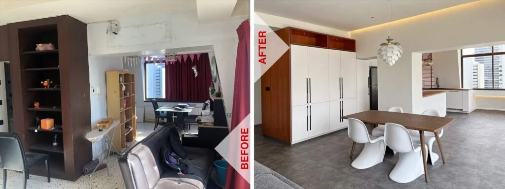 Before and after comparison of the Diamond Tower living and dining space